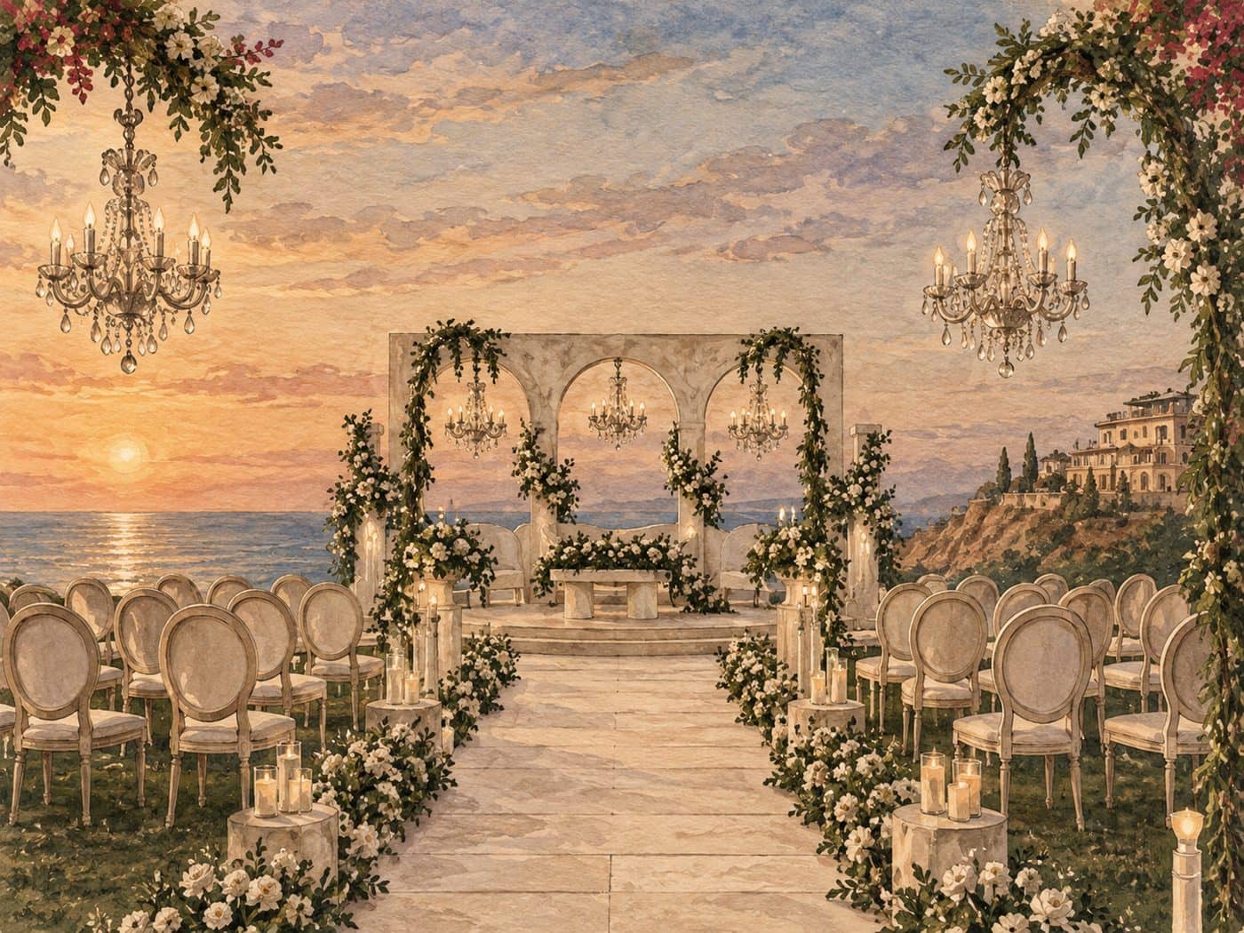 Watercolour of the venue: a seaside ceremony at sunset with chandeliers, flowers and candles